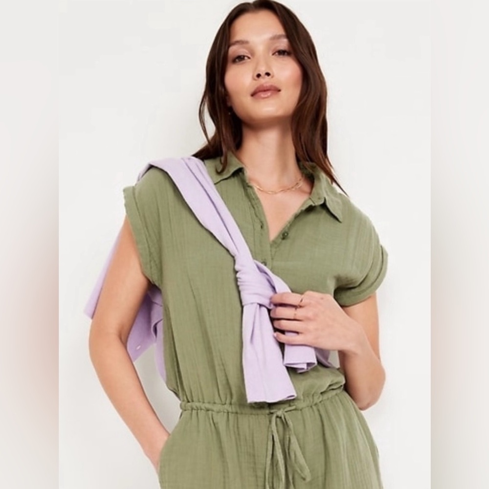 New Old Navy Crinkle Gauze Waist Defined Lightweight Romper Olive Green L Tall